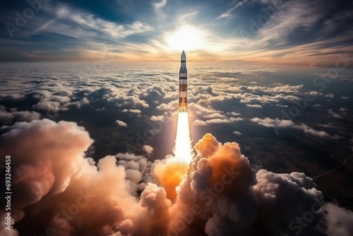Rocket launch. Background with selective focus and copy space. Photorealistic style
