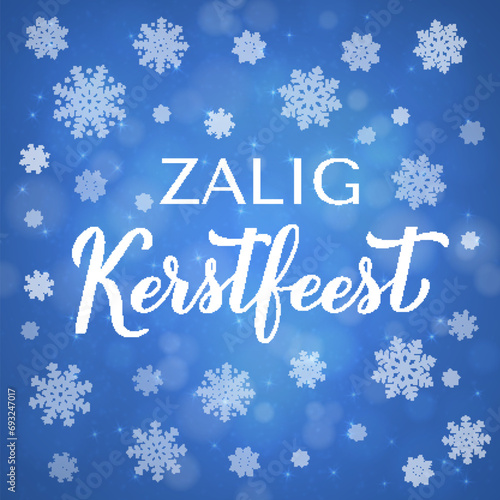 Zalig Kerstfeest calligraphy hand lettering on blue background with bokeh and snowflakes. Merry Christmas typography poster in Dutch. Мector template for greeting card, banner, flyer, etc.