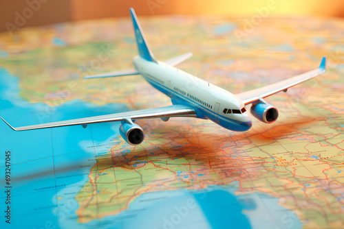 3D travel concept illustration: Airplane soaring above a map pin,