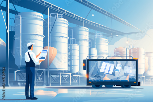 Food industry concept banner: Factory worker inspecting dairy production line tanker with a computer tablet in hand, ensuring quality and efficiency. photo