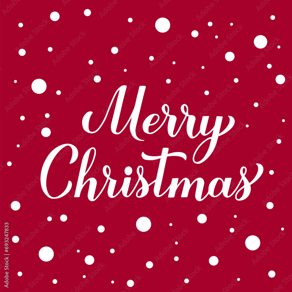 Merry Christmas calligraphy hand lettering on red background with snow confetti. Winter holidays quote. Vector template for typography poster, banner, greeting card, sticker, etc