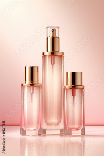 Three bottles of perfume on a pink background © Friedbert