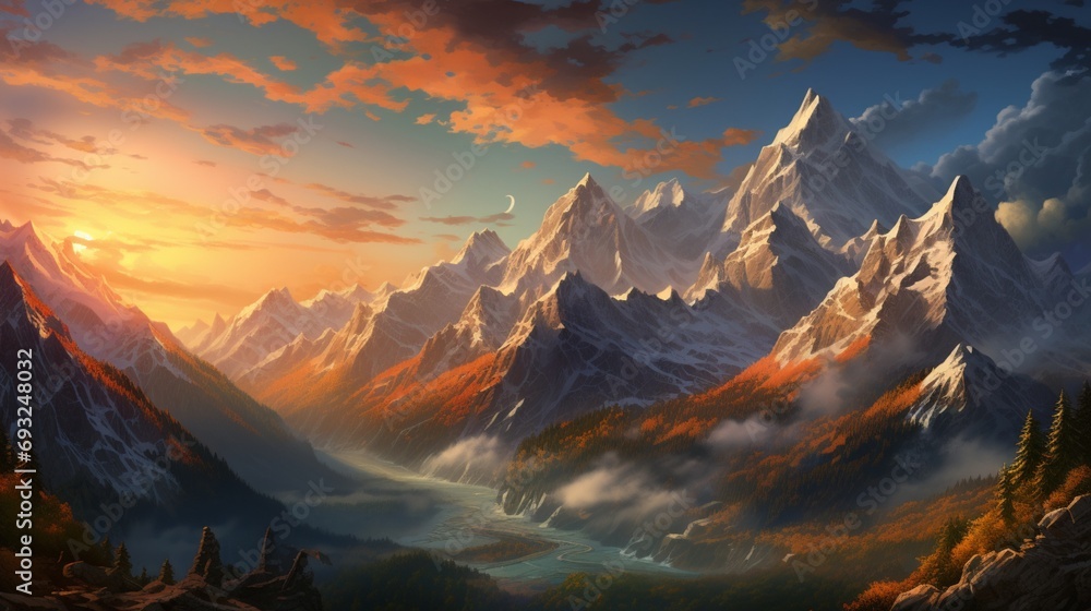 A majestic view of a mountain range in the evening, with alpenglow lighting up the peaks.