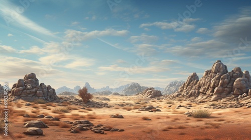 A panoramic view of a high-altitude desert with unique rock formations, sparse vegetation, and a vast sky.