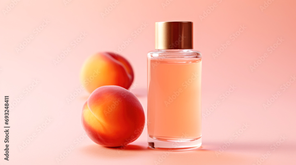 A bottle of perfume next to a peach, peach fuzz, color of the year 2024, monochromatic image A bottle of perfume next to a peach, peach fuzz, color of the year 2024, monochromatic image
