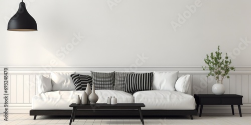 Stylishly decorated living room with blank space, white wall, black coffee table, and chic accessories. Home decor. Template.