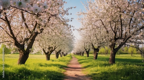 A peaceful orchard in spring, with blossoming fruit trees and a path winding through the rows.