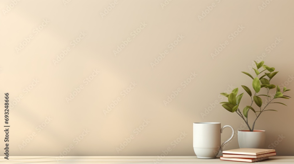 A white cup and green plant on wooden table