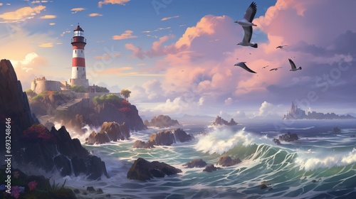 A rocky coastline with crashing waves  a lighthouse in the distance  and seagulls flying overhead.