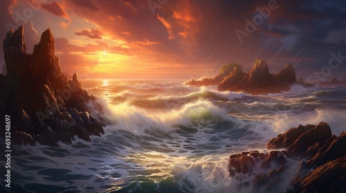 A rugged coast with waves crashing against cliffs and a dramatic sky at sunset.