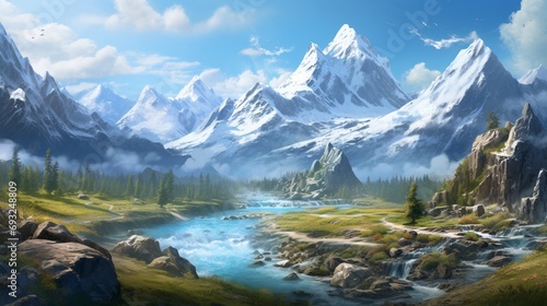 A rugged mountain range with snow-capped peaks, a clear blue sky, and a wild river in the valley.