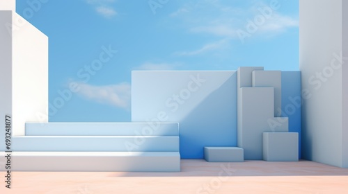 3D rendering of a staircase leading up to a blue sky. 