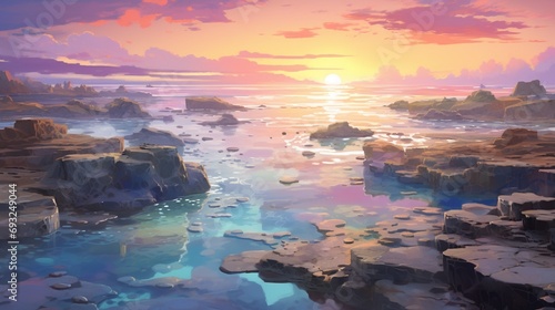A serene coastal scene with tide pools, rocky formations, and a pastel-colored sunset.