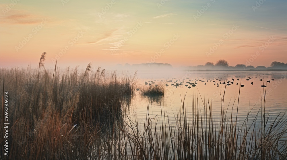A serene wetland at dawn, with reeds, water birds, and a soft, pastel-colored sky. A serene wetland at dawn, with reeds, water birds, and a soft, pastel-colored sky.