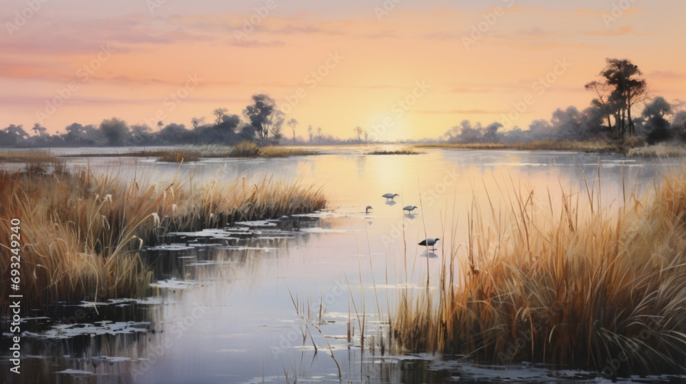 A serene wetland at dawn, with reeds, water birds, and a soft, pastel-colored sky. A serene wetland at dawn, with reeds, water birds, and a soft, pastel-colored sky.