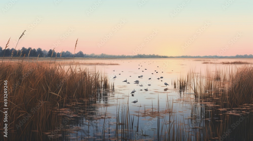 A serene wetland at dawn, with reeds, water birds, and a soft, pastel-colored sky. A serene wetland at dawn, with reeds, water birds, and a soft, pastel-colored sky.