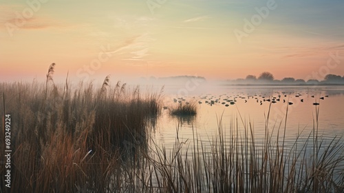 A serene wetland at dawn  with reeds  water birds  and a soft  pastel-colored sky.