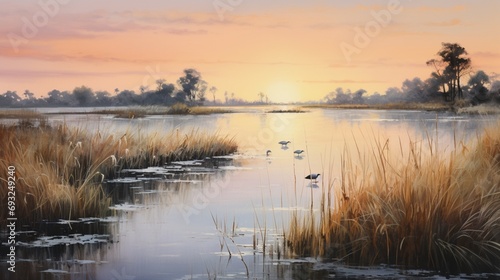 A serene wetland at dawn, with reeds, water birds, and a soft, pastel-colored sky.