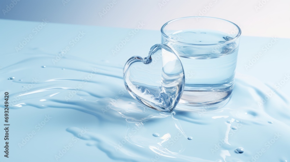 A glass of water and translucent heart shape. A glass of water and translucent heart shape.