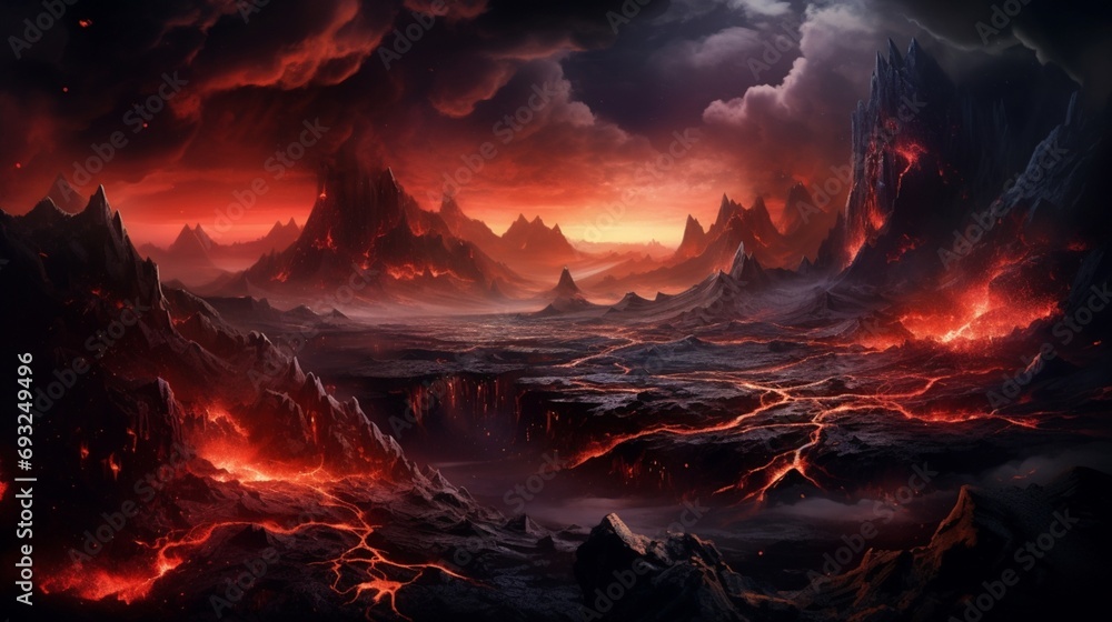 A surreal volcanic landscape with lava flows, black sand, and steam vents under a starry sky.