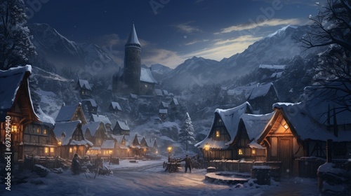 A snowy village scene at dusk, with warm lights glowing from windows and a blanket of fresh snow. © Tahir