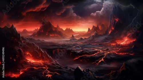 A surreal volcanic landscape with lava flows, black sand, and steam vents under a starry sky.