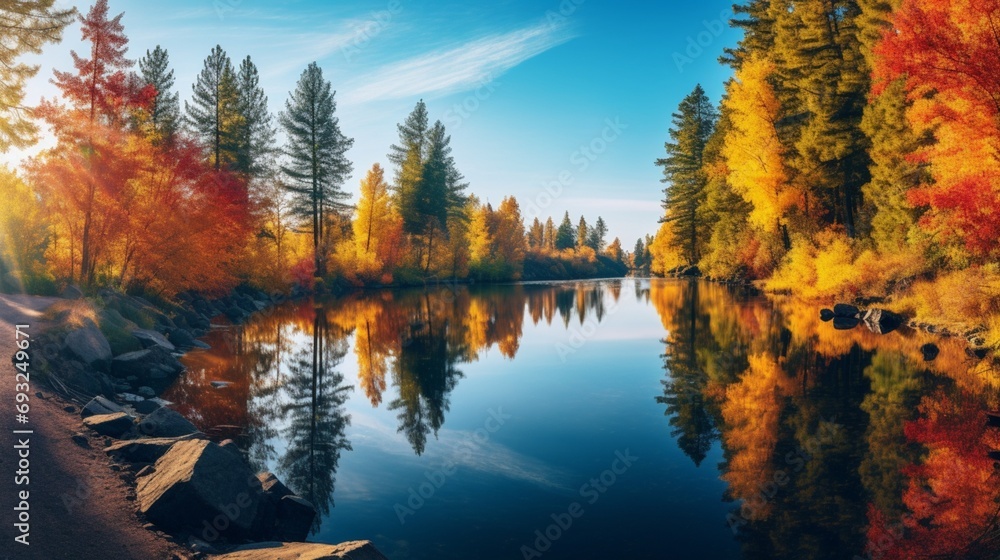 A tranquil river bend in autumn, with colorful foliage reflecting in the still water and a clear sky. A tranquil river bend in autumn, with colorful foliage reflecting in the still water and a clear sky.