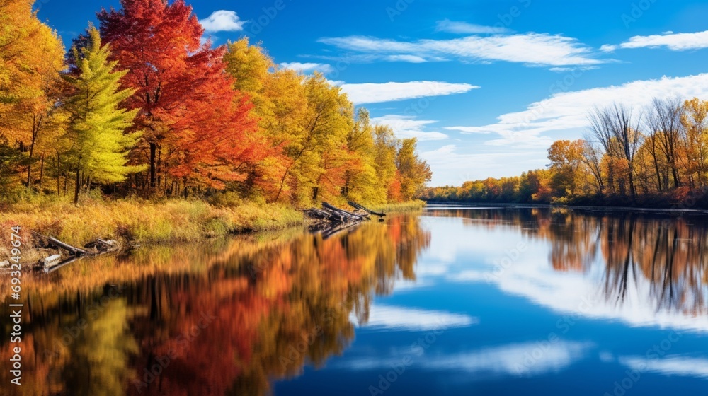 A tranquil river bend in autumn, with colorful foliage reflecting in the still water and a clear sky. A tranquil river bend in autumn, with colorful foliage reflecting in the still water and a clear sky.
