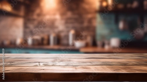 wooden kitchen table in a gorgous kitchen with a strong background bokeh photo