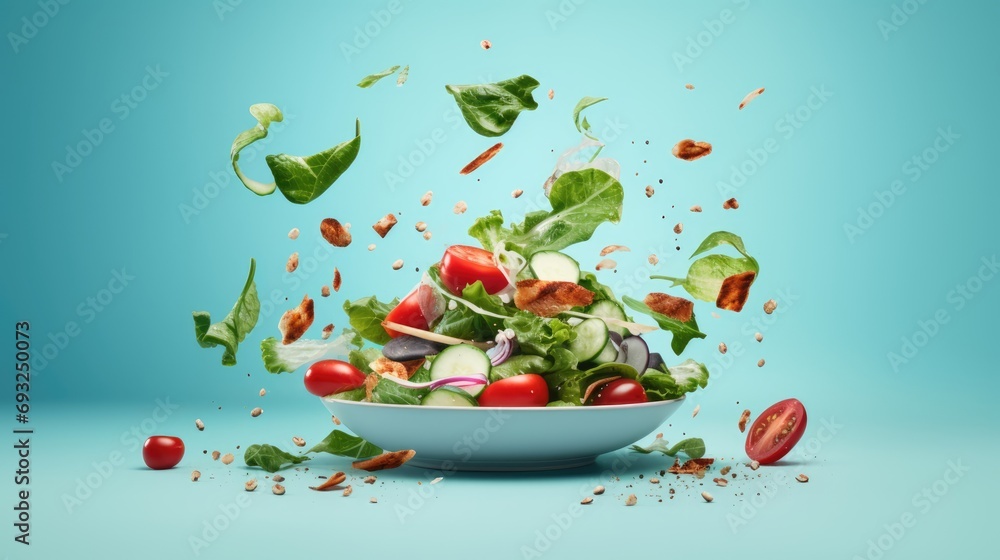 A bowl of salad with a whimsical vegetables flying out of it. A bowl of salad with a whimsical vegetables flying out of it.