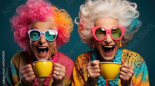 portrait of two elderly retired old women grannies having fun and coffee photo