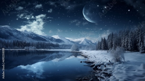 A winter wonderland with a frozen lake  ice-covered trees  and a clear  star-filled night sky.