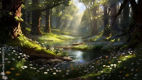 An enchanted forest glade with a small clearing, wildflowers, and dappled sunlight.