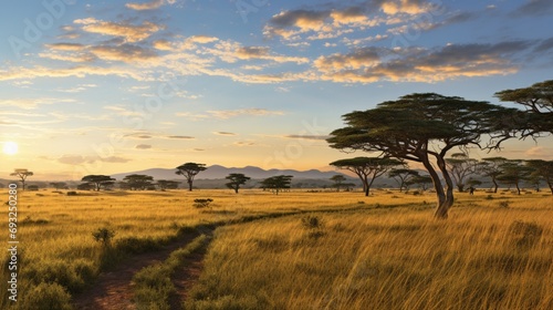 An expansive savanna landscape at golden hour, with acacia trees and long shadows on the grass.