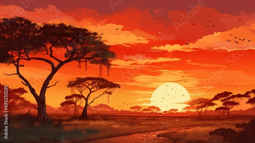 An expansive savannah at sunrise, with acacia trees silhouetted against a vibrant orange sky. © Tahir