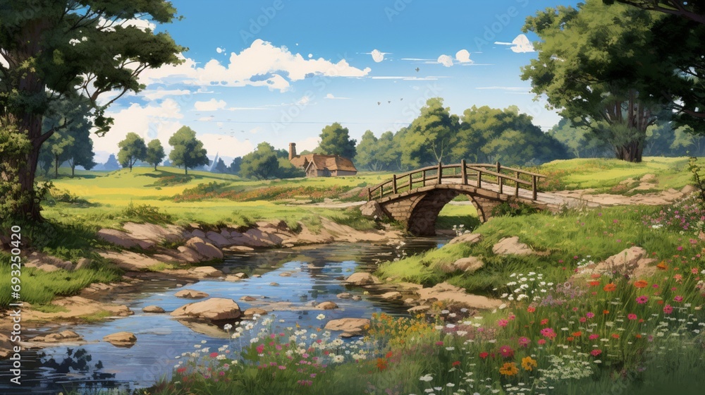 An idyllic rural landscape with a small stream, a wooden bridge, and wildflowers along the banks.