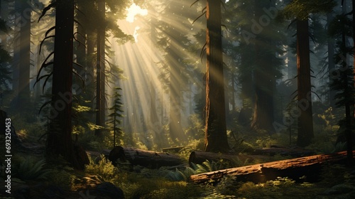 A dense, old-growth forest with towering trees, ferns, and a ray of sunlight piercing through. photo