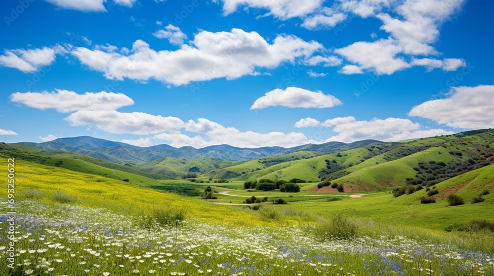 Rolling hills covered in wildflowers during spring, with a clear blue sky and fluffy white clouds.