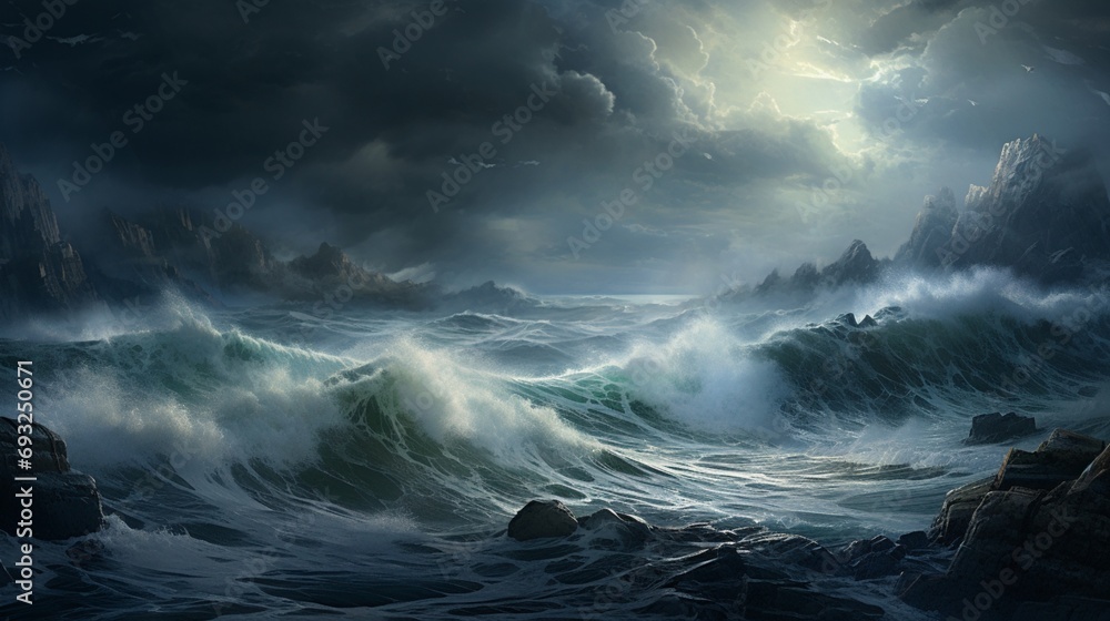 A dramatic view of a stormy sea from a high cliff, with crashing waves and dark clouds. A dramatic view of a stormy sea from a high cliff, with crashing waves and dark clouds.