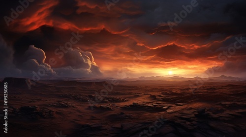 A dramatic sky over a barren landscape, with dark clouds, a setting sun, and a sense of vastness.