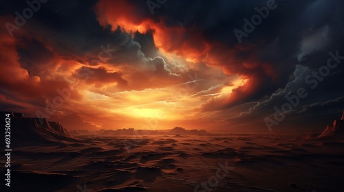 A dramatic sky over a barren landscape, with dark clouds, a setting sun, and a sense of vastness.