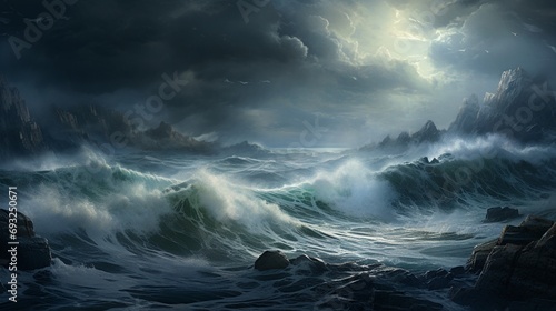 A dramatic view of a stormy sea from a high cliff, with crashing waves and dark clouds.