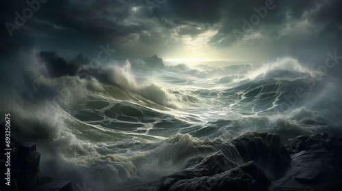 A dramatic view of a stormy sea from a high cliff, with crashing waves and dark clouds.