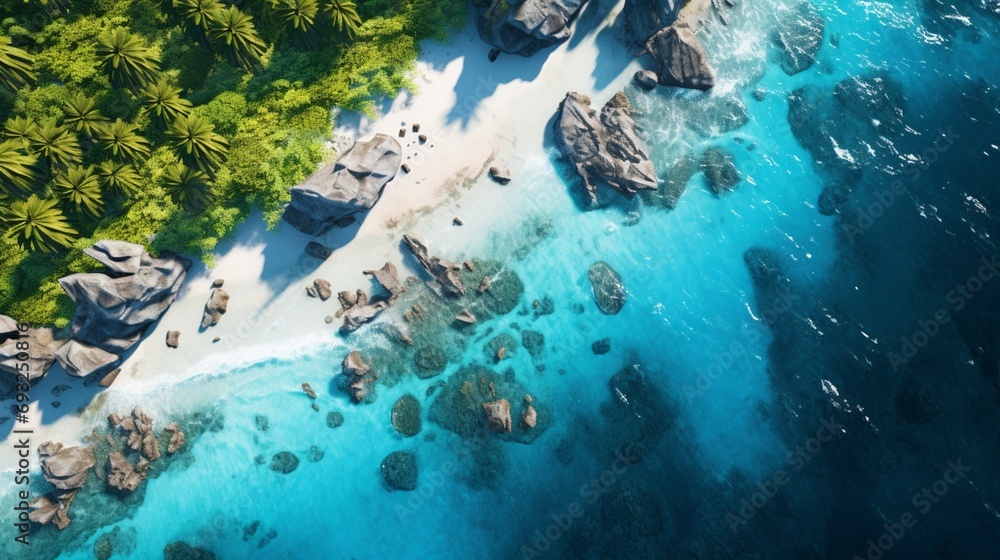 A lush, tropical island view from above, with white sandy beaches, palm trees, and coral reefs.