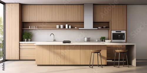 Contemporary minimalist kitchen with wood furnishings and appliances