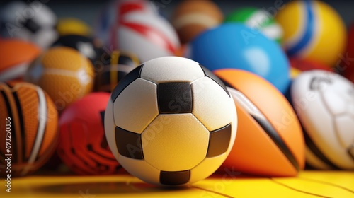 A soccer ball on yellow floor and blurred sports balls background.