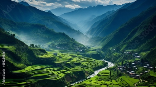 A lush valley with a patchwork of agricultural fields, small villages, and a winding river.