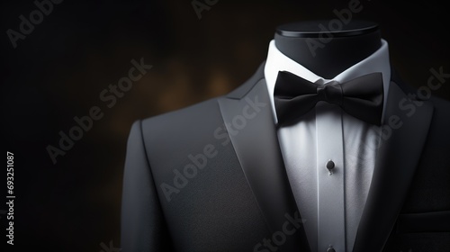 A men black suit with a black bow tie.