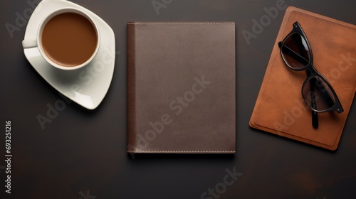A blank diary note book and a cup of hot coffee on table. 