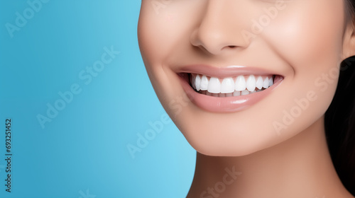 Closeup Of Beautiful Caucasian girl Smile With White Teeth on blue background   Woman Mouth Smiling. dental concept with copy space